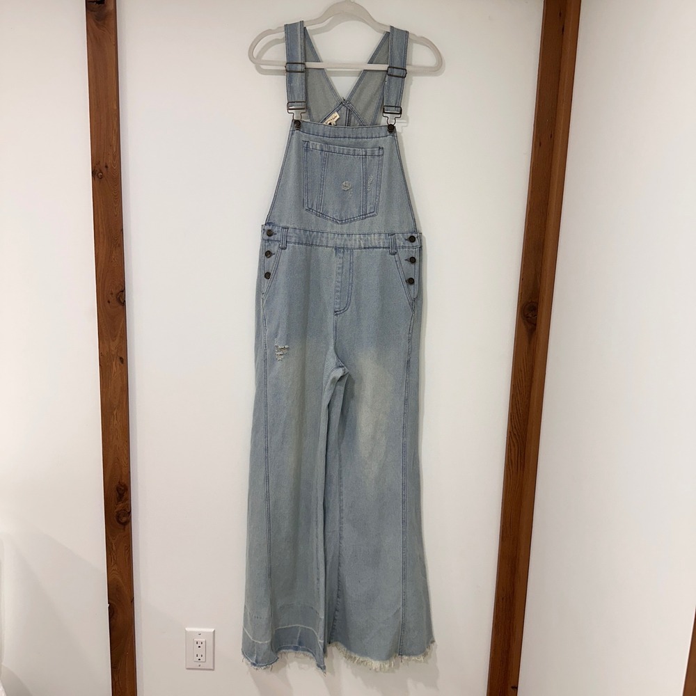 Aaron & Amber Distressed Flare Denim Overalls Womens Size L Light Wash | Boho‎
